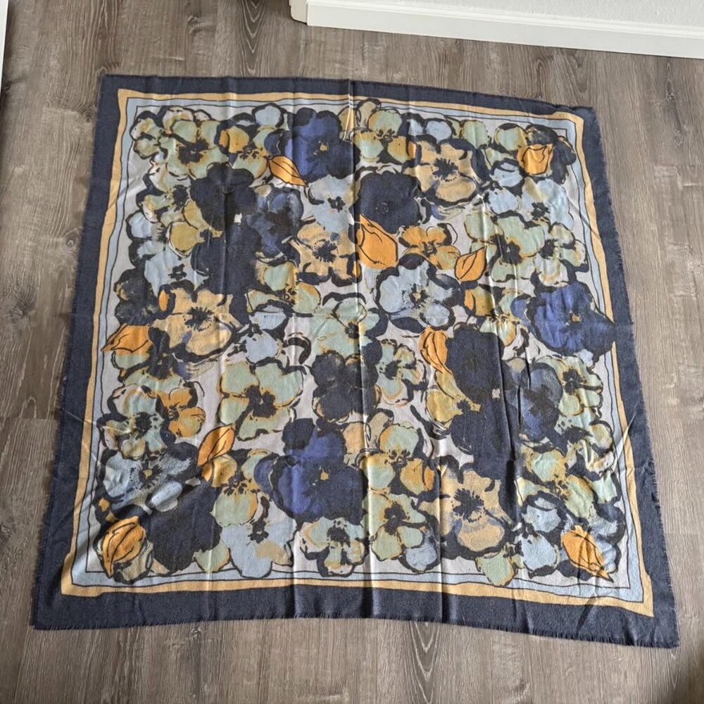 Max Studio Floral Square Scarf Shawl 50" x 50" • Blue & Yellow • Soft & Elegant